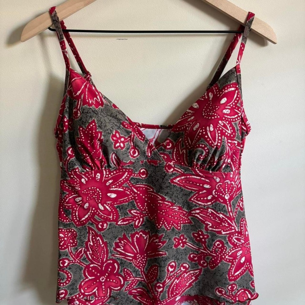 Christina Tankini Swim Top Pink Grey Floral Batik Surplice V-Neck Size 14